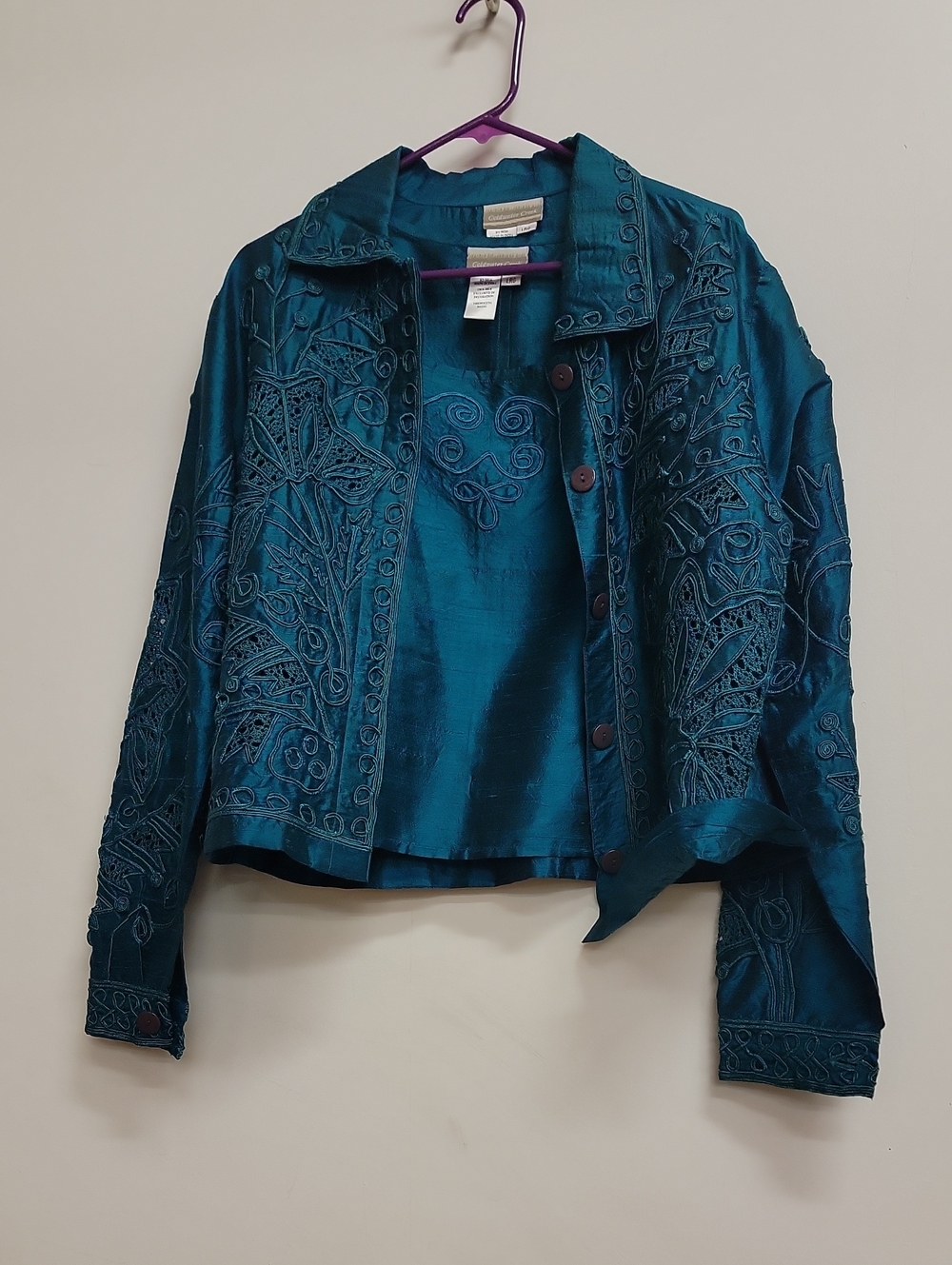 Coldwater Creek Teal Silk Cut Out Embellished Top and Jacket Large